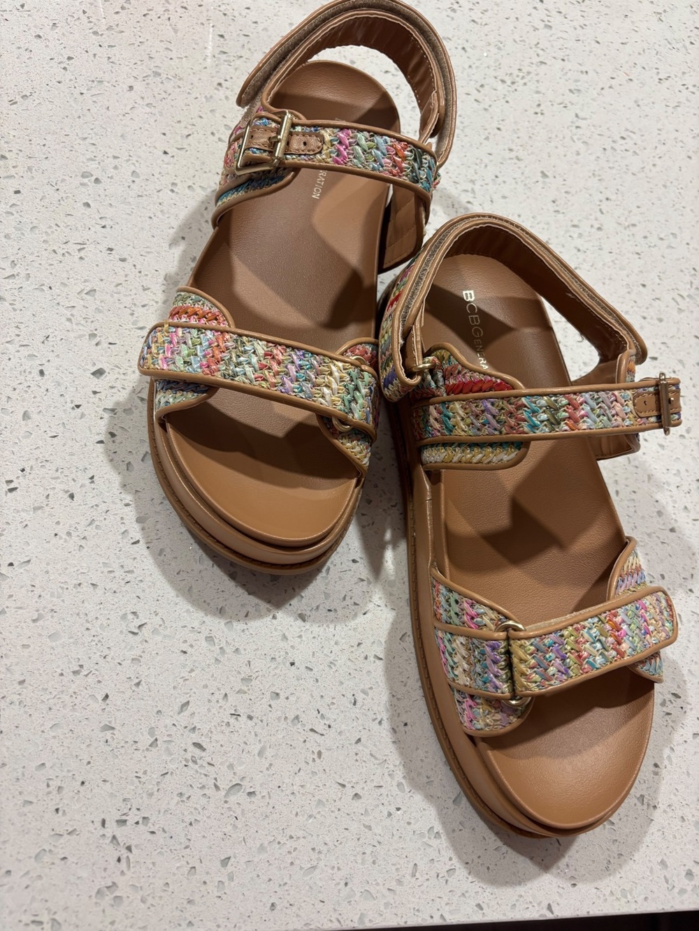 BCBG Tan Sandals with Multicolor Braided Straps